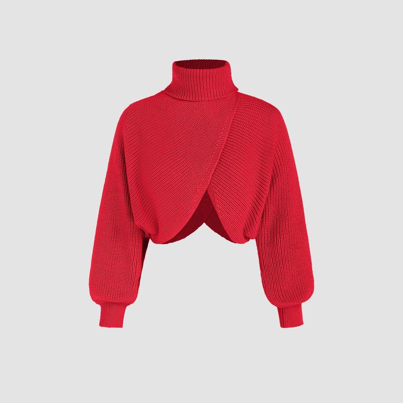 Cider [4 colors, size 0-26] High Neck Solid Knitted Long Sleeve Crop Sweater