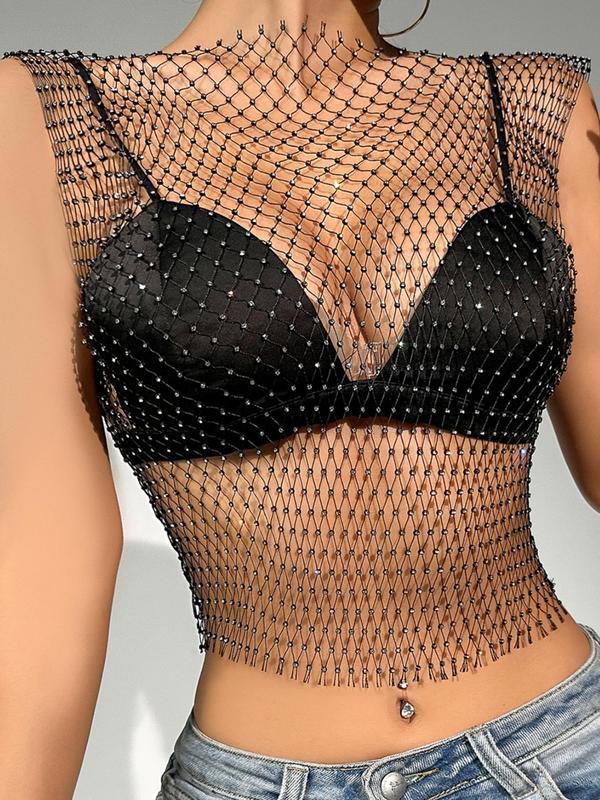 Women's Rhinestone Decor Hollow Out Sheer Crop Tank Top, Fashion Casual Round Neck Sleeveless Cropped Top for Party Club, Ladies Clothes for All Seasons