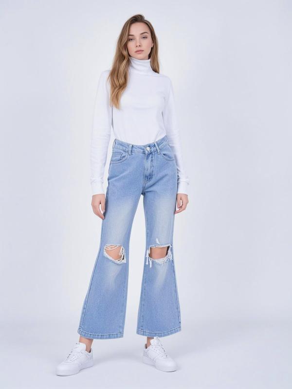 Women's Plain Ripped Button Fly Denim Jeans, Fashion Casual Drop Waist Straight Leg Jeans for Daily Wear, Ladies Bottoms for All Seasons, Girl Clothes