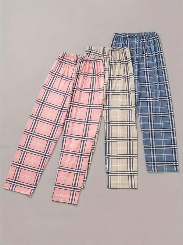 Women's Plaid Print Bow Front Elastic Waist Straight Leg Sleep Pants, Casual Comfy Lounge Pants for Fall & Winter, Women's Sleepwear for Indoor Wear