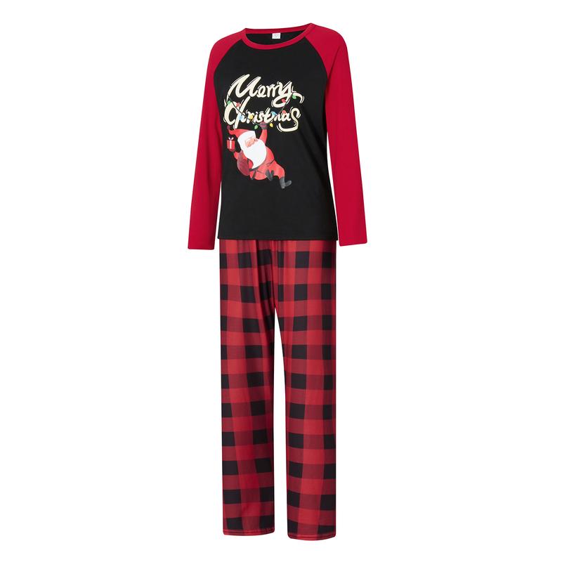 Matching Christmas Pajamas For Family, Long Sleeve Letters Santa Claus Print T-shirt with Plaid Pants Sleepwear Loungewear