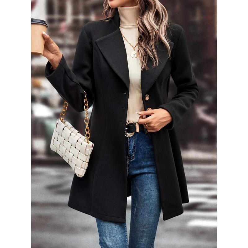 Lapel Neck Button Front Coat, Elegant Slim-Fit Long Sleeve Outerwear For Winter & Fall, Women's Clothing