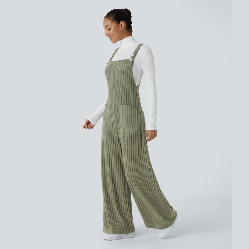 Halara Ribbed Knit Adjustable Strap Button Multiple Pockets Casual Overalls