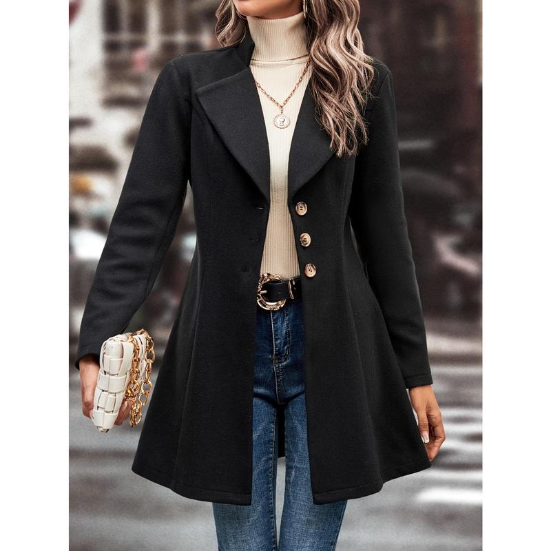 Lapel Neck Button Front Coat, Elegant Slim-Fit Long Sleeve Outerwear For Winter & Fall, Women's Clothing