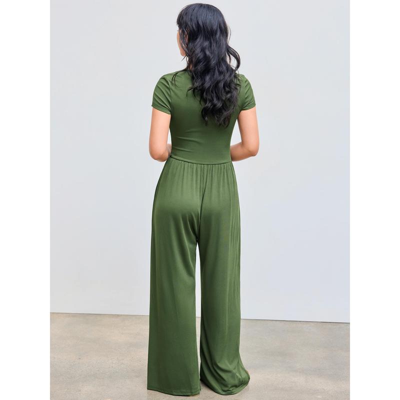 Cider [7 colors, size 0-26] Scoop Neckline Short Sleeve Wide Leg Jumpsuit