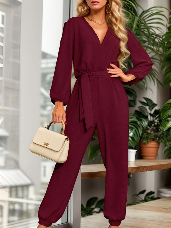 DRESSIN [Wine Red,Dark Green, Black,size S-XXL] Women Versatile Easy-on casual Woven Fabric Solid V-Neck Hidden Button Puff Sleeve Long Sleeve Tie Waist Tapered Nine-Tenths Length Chiffon Draped Jumpsuit for Work Casual or Date Outings