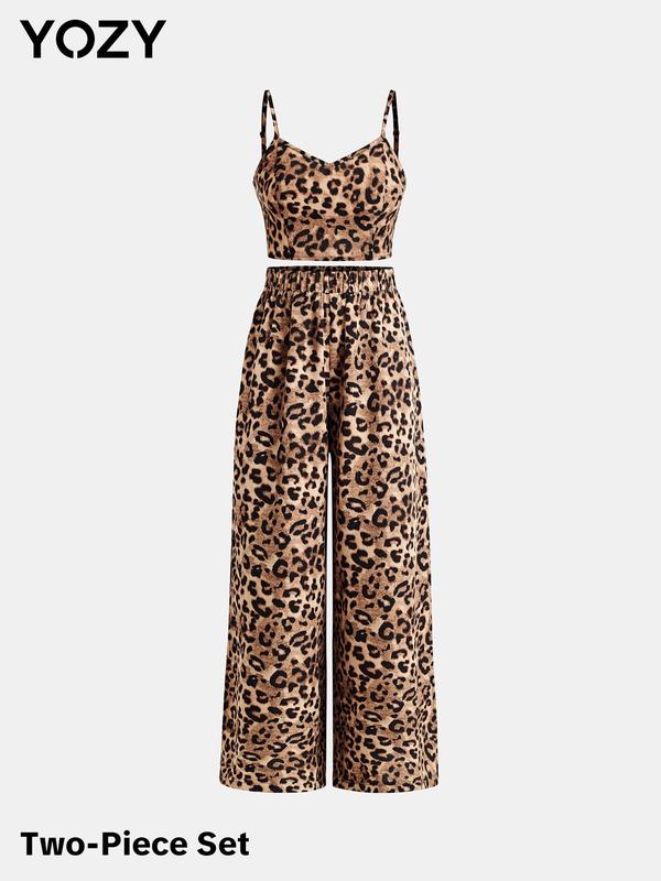 YOZY [4 colors] Leopard Print Top & High Waist Pants Set, Boho Sleeveless Crop Cami Top & Wide Leg Pants for Spring & Summer & Fall, 2024 Women's Clothes for Daily & Vacation & Party Wear