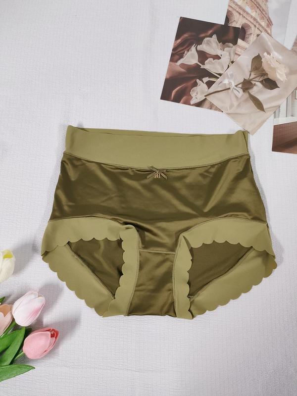 Women's Bow Decor Scallop Trim High Waist Knicker, Solid Color Soft Comfy Breathable Panty for Daily Wear, Underwear for All Seasons