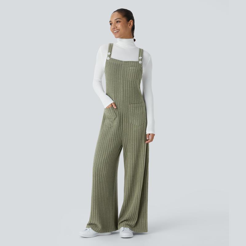 Halara Ribbed Knit Adjustable Strap Button Multiple Pockets Casual Overalls