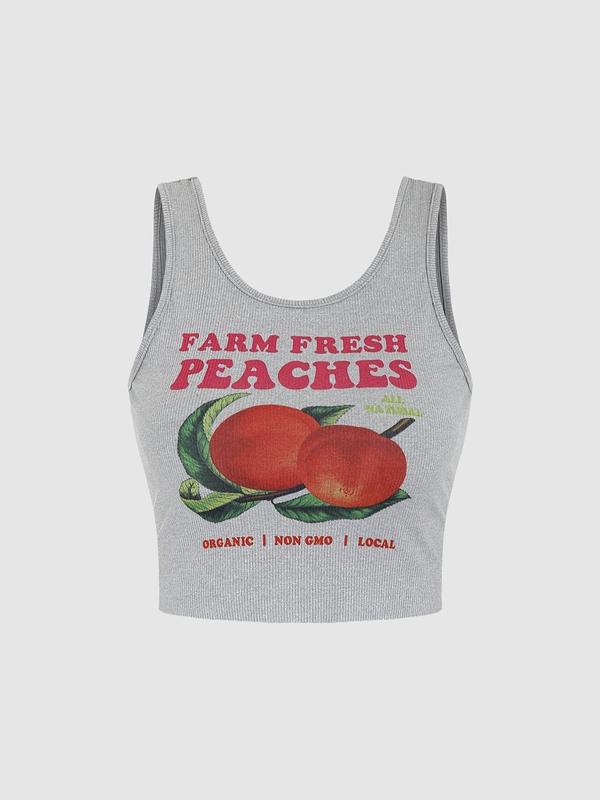 Women's Peach Print Scoop Neck Crop Top, Casual Sleeveless Ribbed Top for Summer, Ladies Clothes for Daily Wear