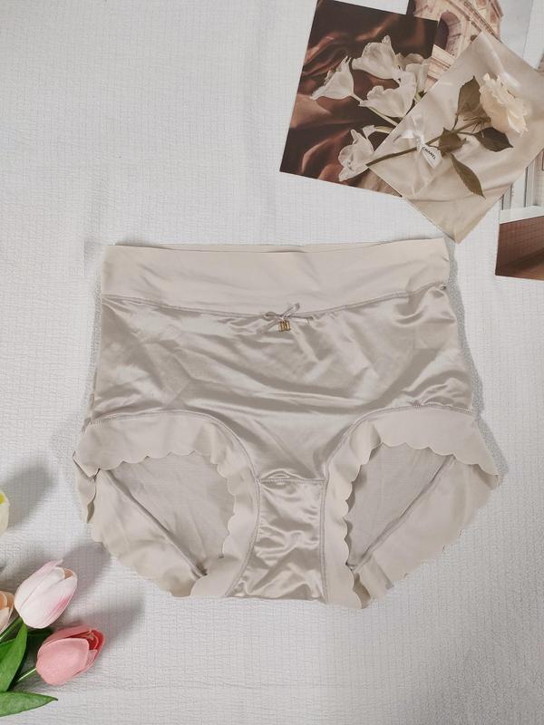 Women's Bow Decor Scallop Trim High Waist Knicker, Solid Color Soft Comfy Breathable Panty for Daily Wear, Underwear for All Seasons