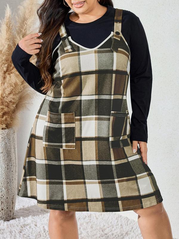 CURVZY Plus Size Plaid Print Pocket V Neck Dress, Casual Sleeveless Pinafore Dress for Daily Wear, Women's Clothing for All Seasons Casual Wear