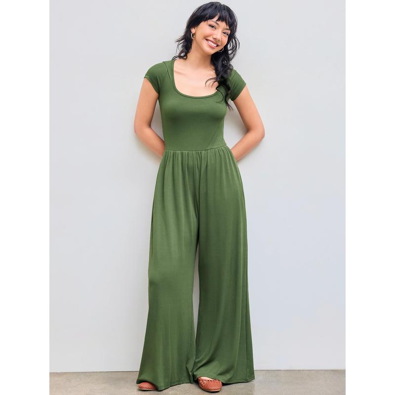 Cider [7 colors, size 0-26] Scoop Neckline Short Sleeve Wide Leg Jumpsuit