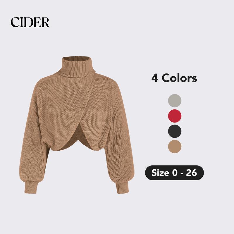 Cider [4 colors, size 0-26] High Neck Solid Knitted Long Sleeve Crop Sweater