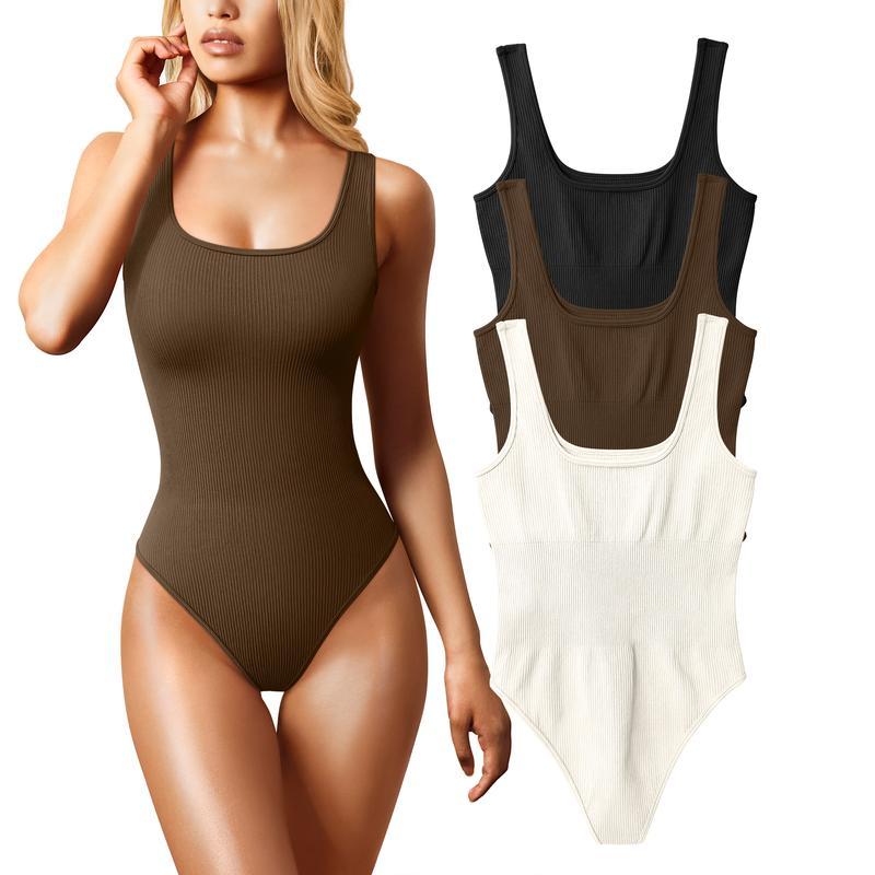 Women's 3 Piece Bodysuits Sexy Ribbed Sleeveless Square Neck Sleeveless Tank Tops Bodysuits