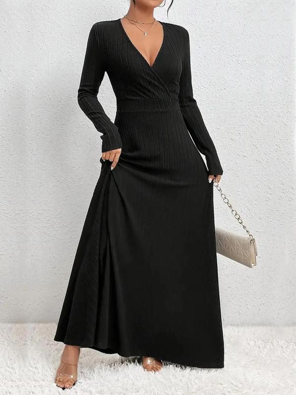  Women's Plain Ribbed Wrap V Neck A Line Dress, Elegant Long Sleeve Dress for Party Holiday Wedding Guest, Women's Clothes for Fall & Winter