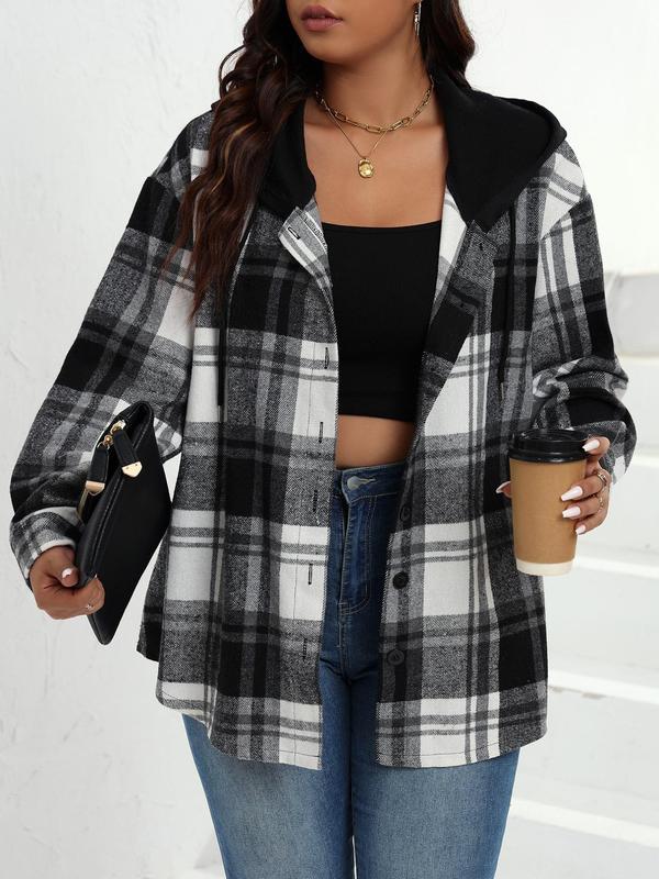 Plus Size Plaid Print Button Front Drawstring Hooded Jacket, Casual Long Sleeve Drop Shoulder Outerwear for Fall & Winter, Women's Clothes for Daily Wear