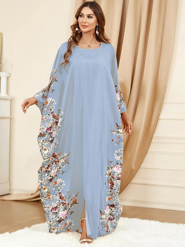 Women's Floral Print Batwing Sleeve Split Hem Kaftan, Modest Long Sleeve Round Neck Maxi Dress for Party Holiday Wedding Guest, Ladies Fall & Winter Clothes