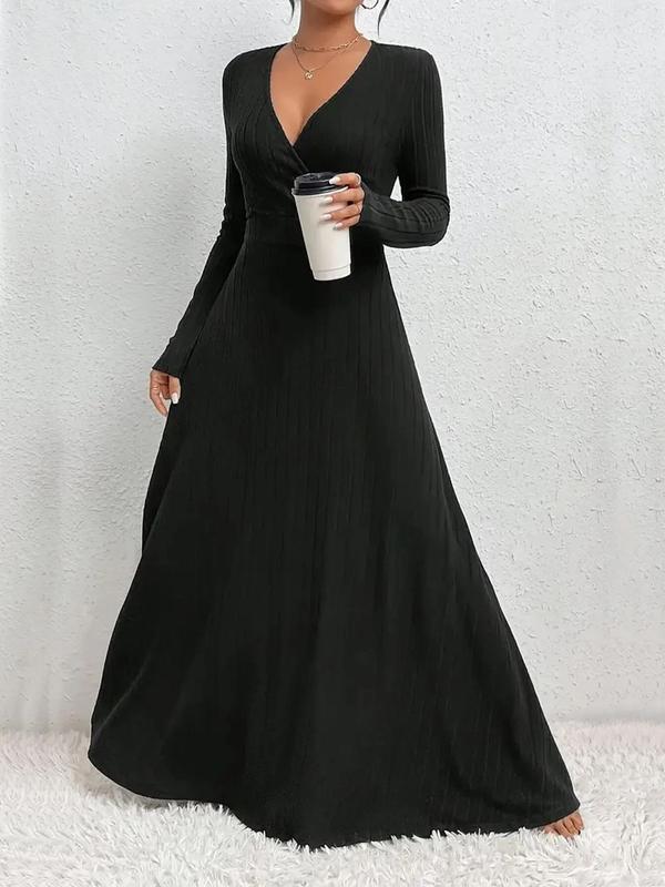  Women's Plain Ribbed Wrap V Neck A Line Dress, Elegant Long Sleeve Dress for Party Holiday Wedding Guest, Women's Clothes for Fall & Winter