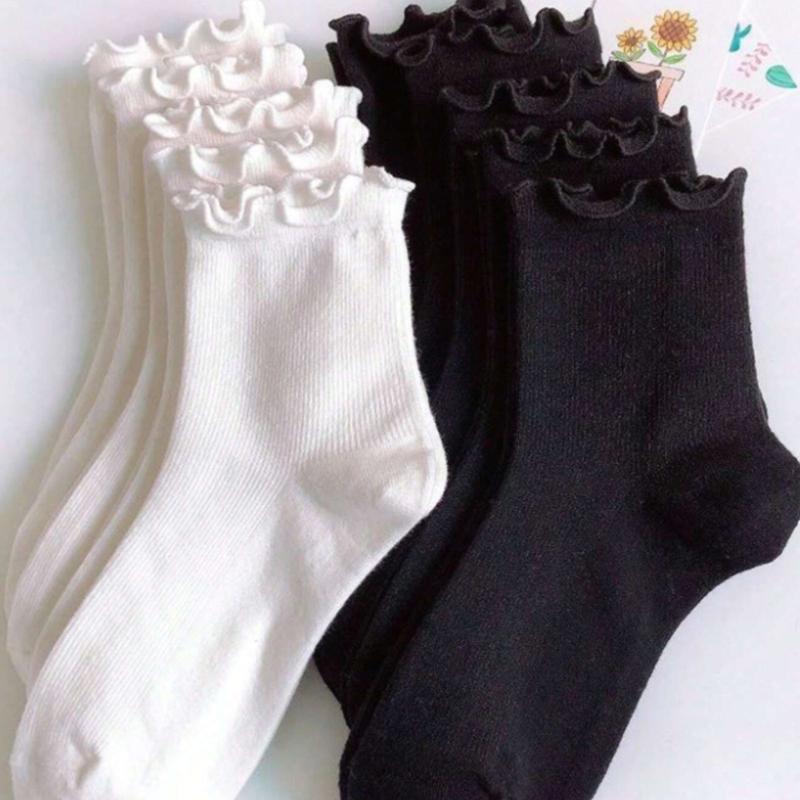 10Pairs Solid Ruffle Trim Crew Socks For Women Ladies Minimalist Mid Calf Socks For Daily