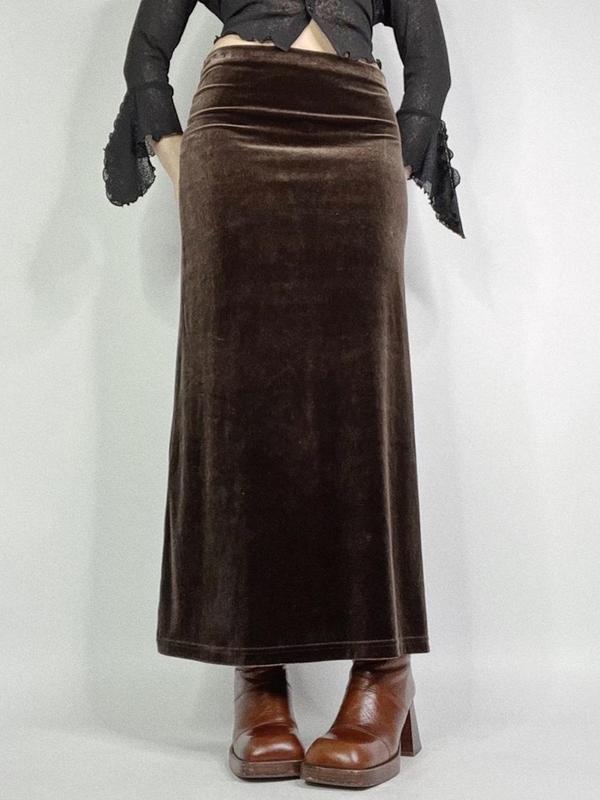 Women's Velvet Long Skirt without Belt, Y2k Style Solid Color Skirt for Party Holiday Vacation, Ladies Fall & Winter Bottoms