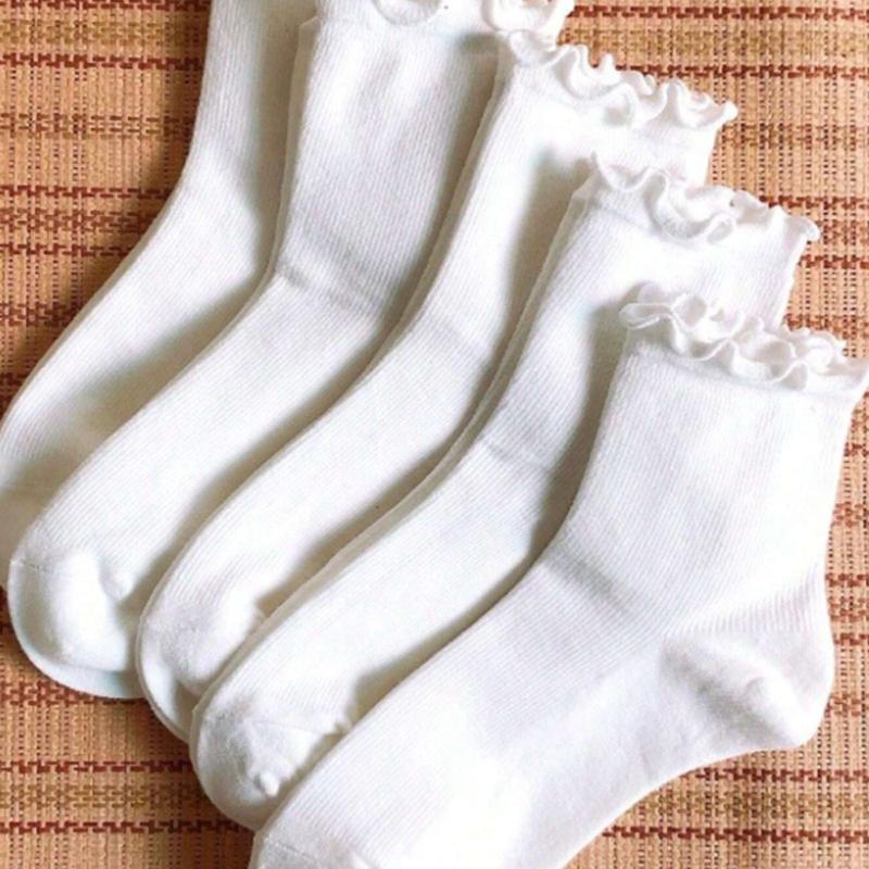 10Pairs Solid Ruffle Trim Crew Socks For Women Ladies Minimalist Mid Calf Socks For Daily