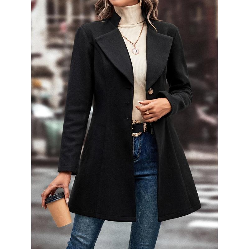 Lapel Neck Button Front Coat, Elegant Slim-Fit Long Sleeve Outerwear For Winter & Fall, Women's Clothing