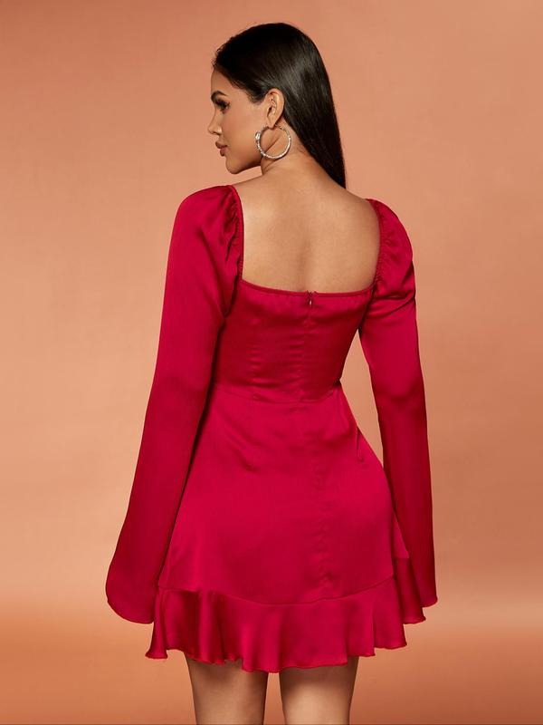 Women's Plain Wrap Ruffle Trim Flounce Sleeve Satin Dress, Elegant Sweetheart Neck Long Sleeve A Line Short Dress for Party Club Dating Wear, Women's Dress for Spring & Fall, Fall Outfits, Fallfreshness