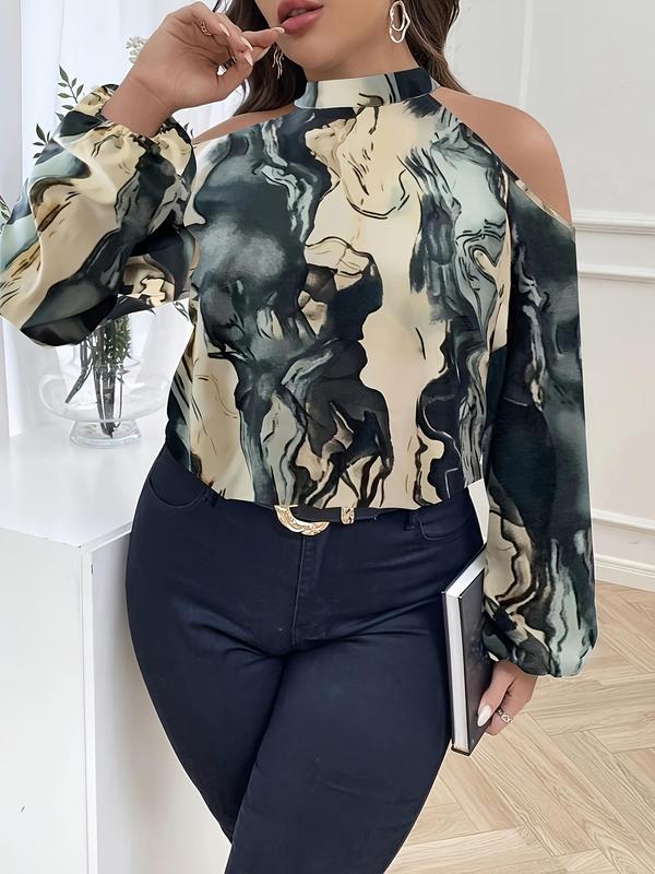 Plus Size All Over Print Cold Shoulder Blouse, Elegant Bishop Sleeve Button Cut Out Top for Women, Women Plus Clothing for All Seasons