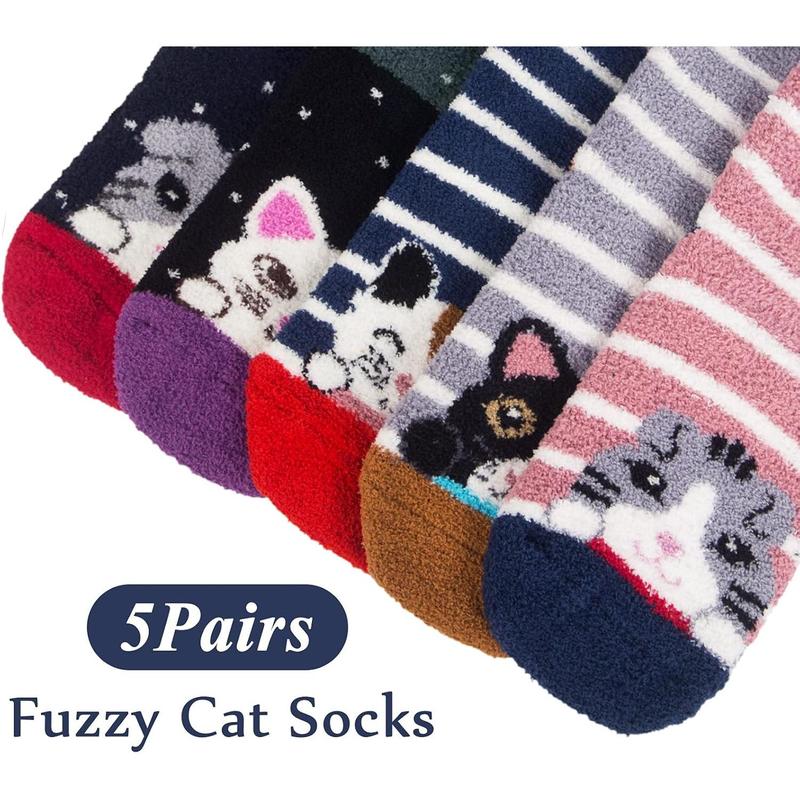 Fuzzy Socks for Women 5 Pairs Warm Fluffy Socks Winter Slipper Socks Soft Cute Cat Animal Socks