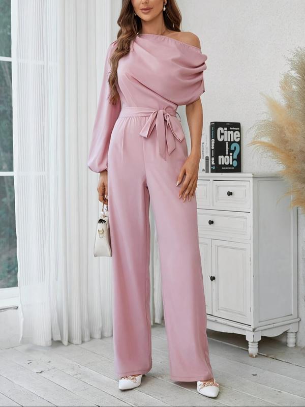 Women's Plain Asymmetrical Neck Ruched Belted Jumpsuit, Elegant Lantern Sleeve Straight Leg Jumpsuit for Spring & Fall, Ladies Clothes for Daily Wear