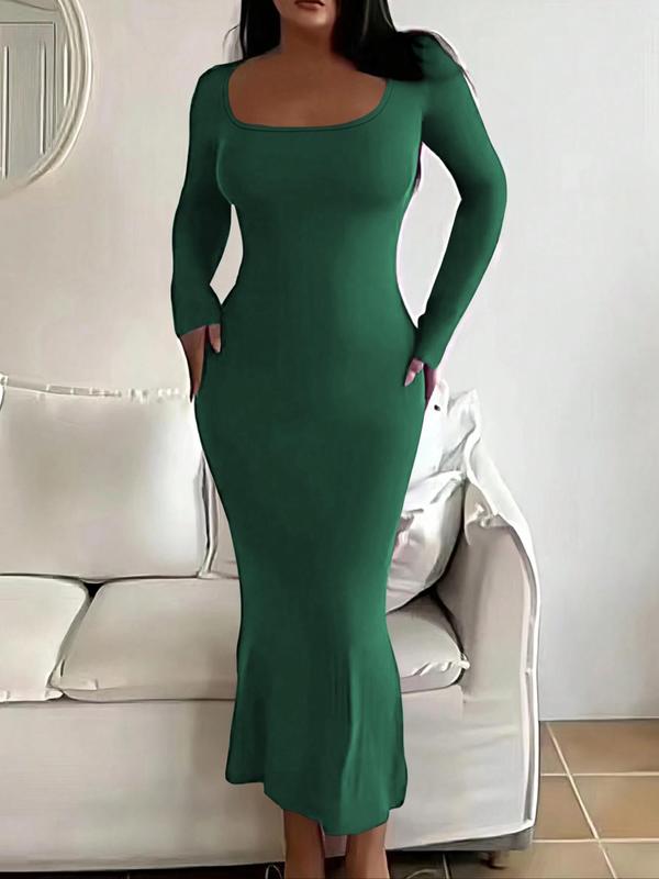 Plus Size Solid Long Sleeve Scoop Neck Mermaid Dress, Elegant Fashion Tight Long Sleeve Bodycon Dress for Party Dating Wear, Women Plus Clothing for Spring Fall