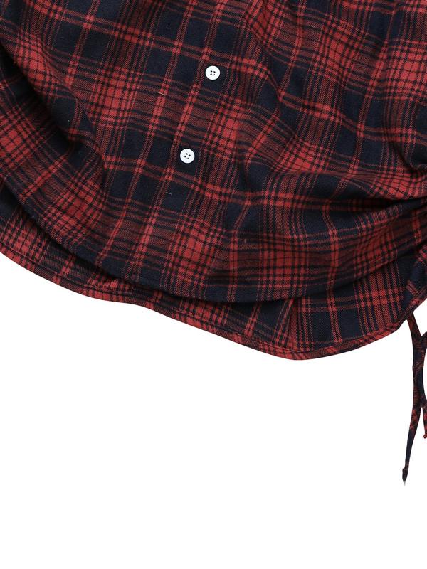 Women's Plaid Print Button Front Drawstring Shirt Dress, Casual Long Sleeve Collared Short Dress for Spring & Fall, Women's Clothes for Daily Wear, Dresses for Women