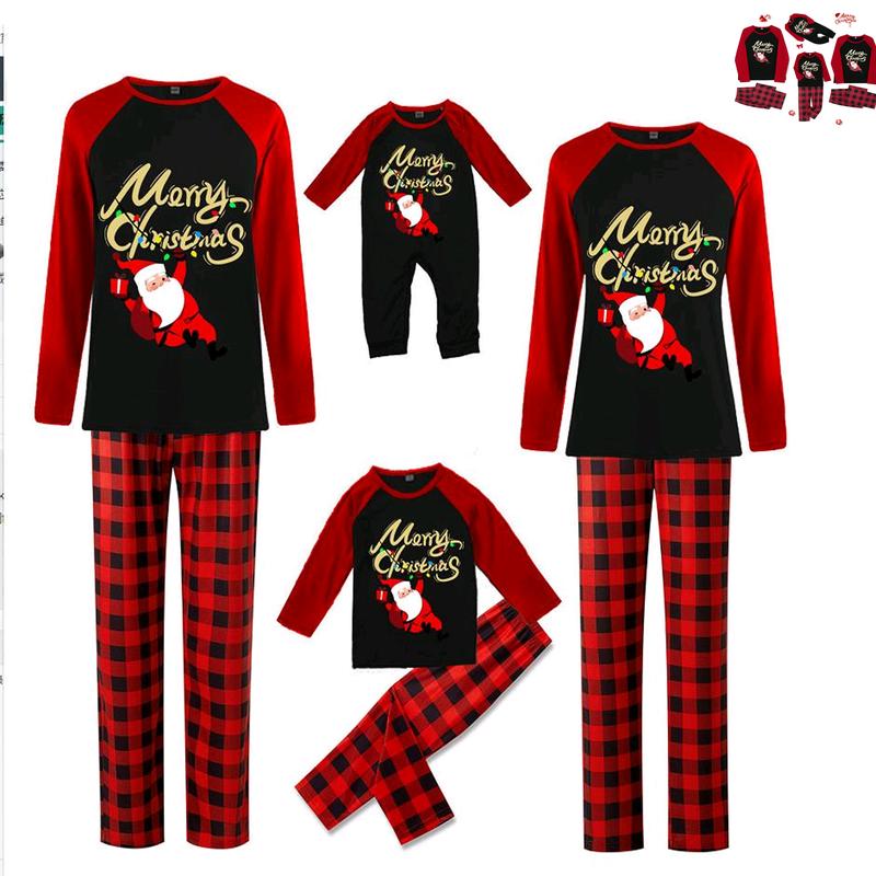 Matching Christmas Pajamas For Family, Long Sleeve Letters Santa Claus Print T-shirt with Plaid Pants Sleepwear Loungewear