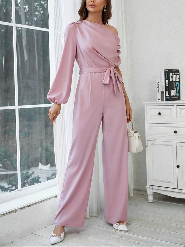 Women's Plain Asymmetrical Neck Ruched Belted Jumpsuit, Elegant Lantern Sleeve Straight Leg Jumpsuit for Spring & Fall, Ladies Clothes for Daily Wear