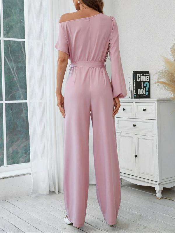 Women's Plain Asymmetrical Neck Ruched Belted Jumpsuit, Elegant Lantern Sleeve Straight Leg Jumpsuit for Spring & Fall, Ladies Clothes for Daily Wear