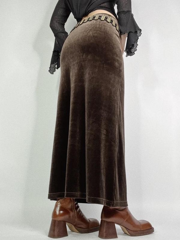 Women's Velvet Long Skirt without Belt, Y2k Style Solid Color Skirt for Party Holiday Vacation, Ladies Fall & Winter Bottoms