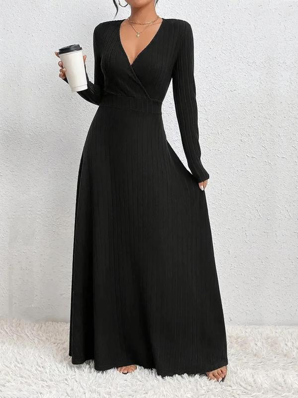  Women's Plain Ribbed Wrap V Neck A Line Dress, Elegant Long Sleeve Dress for Party Holiday Wedding Guest, Women's Clothes for Fall & Winter