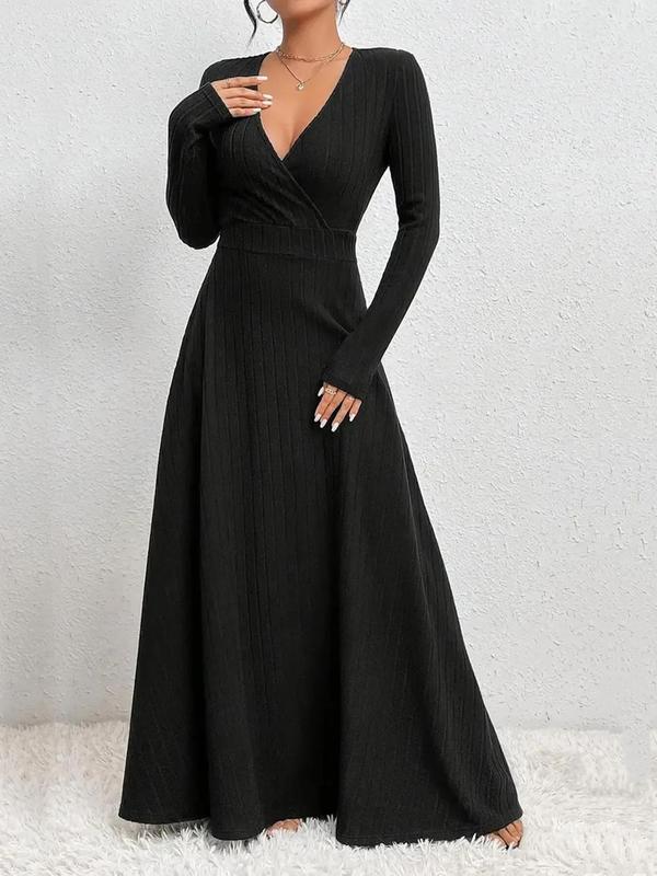  Women's Plain Ribbed Wrap V Neck A Line Dress, Elegant Long Sleeve Dress for Party Holiday Wedding Guest, Women's Clothes for Fall & Winter