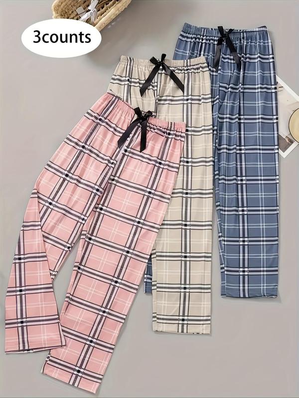 Women's Plaid Print Bow Front Elastic Waist Straight Leg Sleep Pants, Casual Comfy Lounge Pants for Fall & Winter, Women's Sleepwear for Indoor Wear