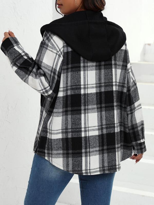 Plus Size Plaid Print Button Front Drawstring Hooded Jacket, Casual Long Sleeve Drop Shoulder Outerwear for Fall & Winter, Women's Clothes for Daily Wear