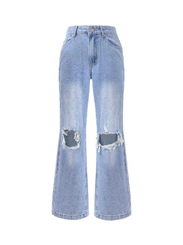 Women's Plain Ripped Button Fly Denim Jeans, Fashion Casual Drop Waist Straight Leg Jeans for Daily Wear, Ladies Bottoms for All Seasons, Girl Clothes