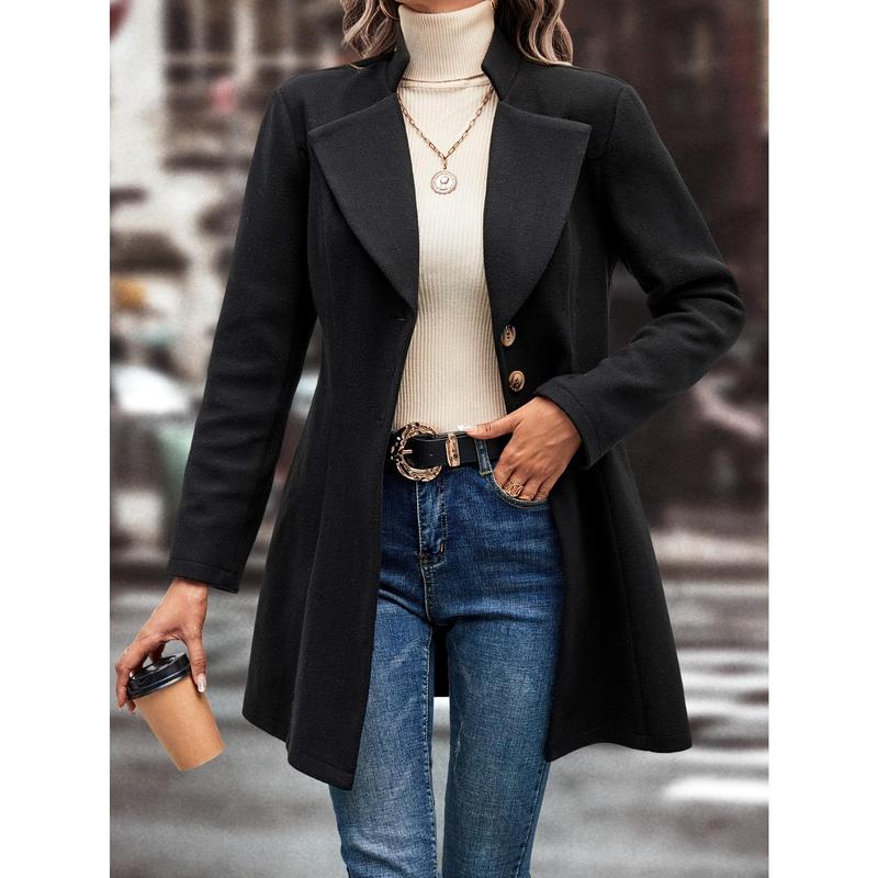 Lapel Neck Button Front Coat, Elegant Slim-Fit Long Sleeve Outerwear For Winter & Fall, Women's Clothing