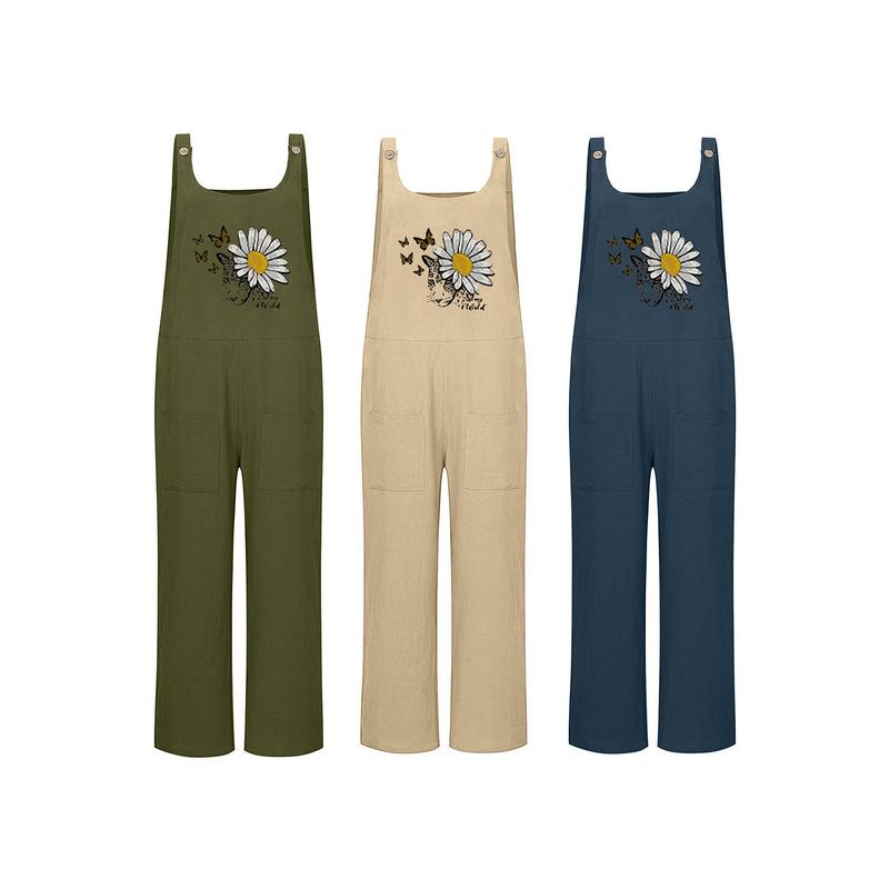 Women Loose Style Overalls, Butterfly and Floral Printed Pattern U-shaped Collar Sleeveless Cotton Jumpsuit