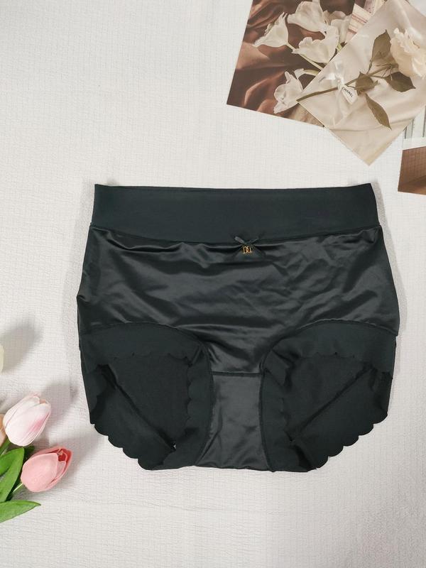 Women's Bow Decor Scallop Trim High Waist Knicker, Solid Color Soft Comfy Breathable Panty for Daily Wear, Underwear for All Seasons