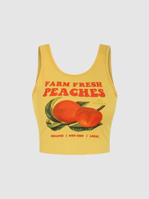 Women's Peach Print Scoop Neck Crop Top, Casual Sleeveless Ribbed Top for Summer, Ladies Clothes for Daily Wear