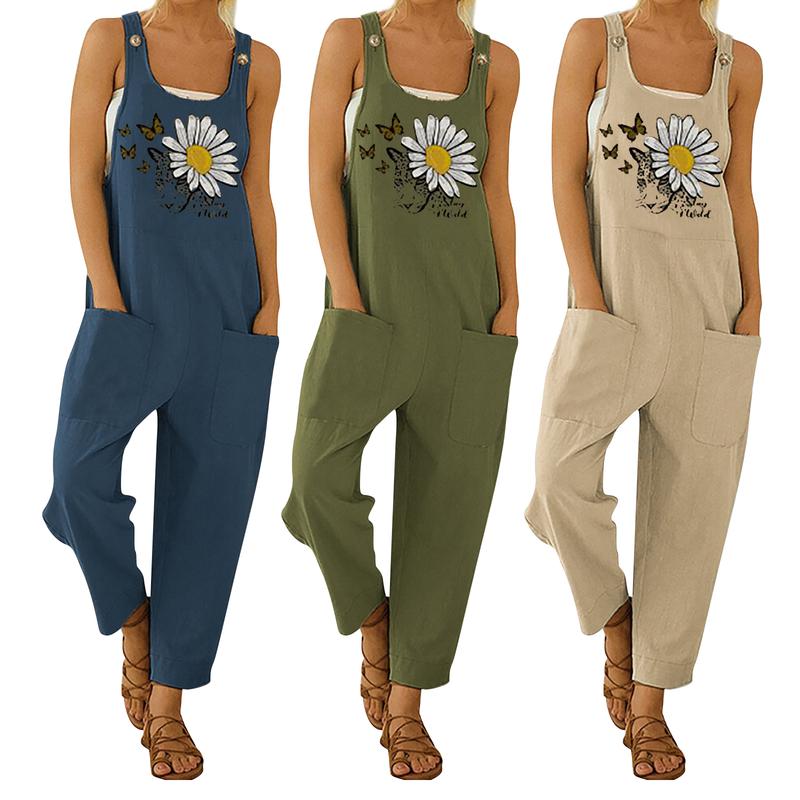 Women Loose Style Overalls, Butterfly and Floral Printed Pattern U-shaped Collar Sleeveless Cotton Jumpsuit