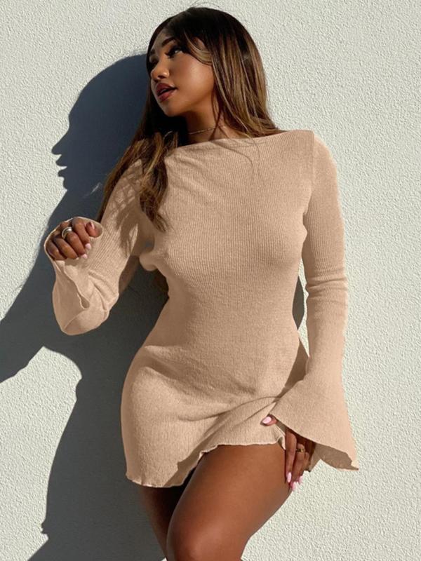 Women's Sexy Plain Tie Back Flounce Long Sleeve Bodycon Dress, Dresses for Women, Birthday Outfit, Casual Minimalist Basic Boat Neck Backless Mini Dress for Spring & Fall, Lady Clothing for Daily Wear