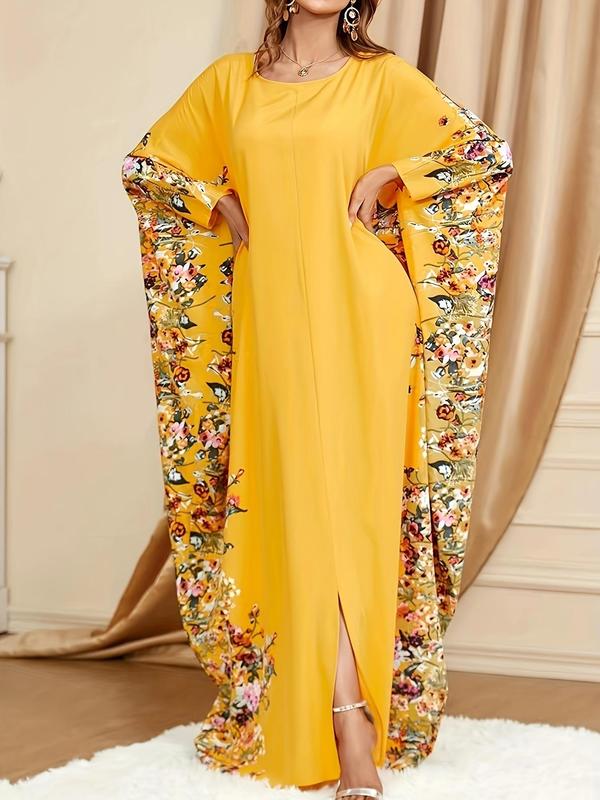 Women's Floral Print Batwing Sleeve Split Hem Kaftan, Modest Long Sleeve Round Neck Maxi Dress for Party Holiday Wedding Guest, Ladies Fall & Winter Clothes