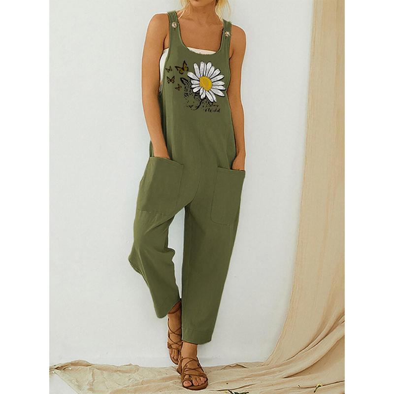 Women Loose Style Overalls, Butterfly and Floral Printed Pattern U-shaped Collar Sleeveless Cotton Jumpsuit